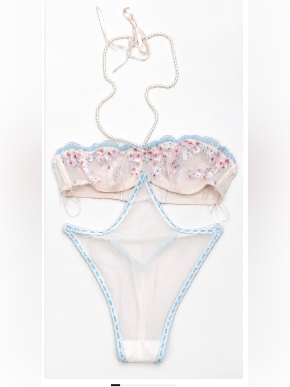 VICTORIA'S SECRET PINK CHERRY BLOSSOM EMBROIDERY PEARL HALTER TEDDY BODYSUIT XS